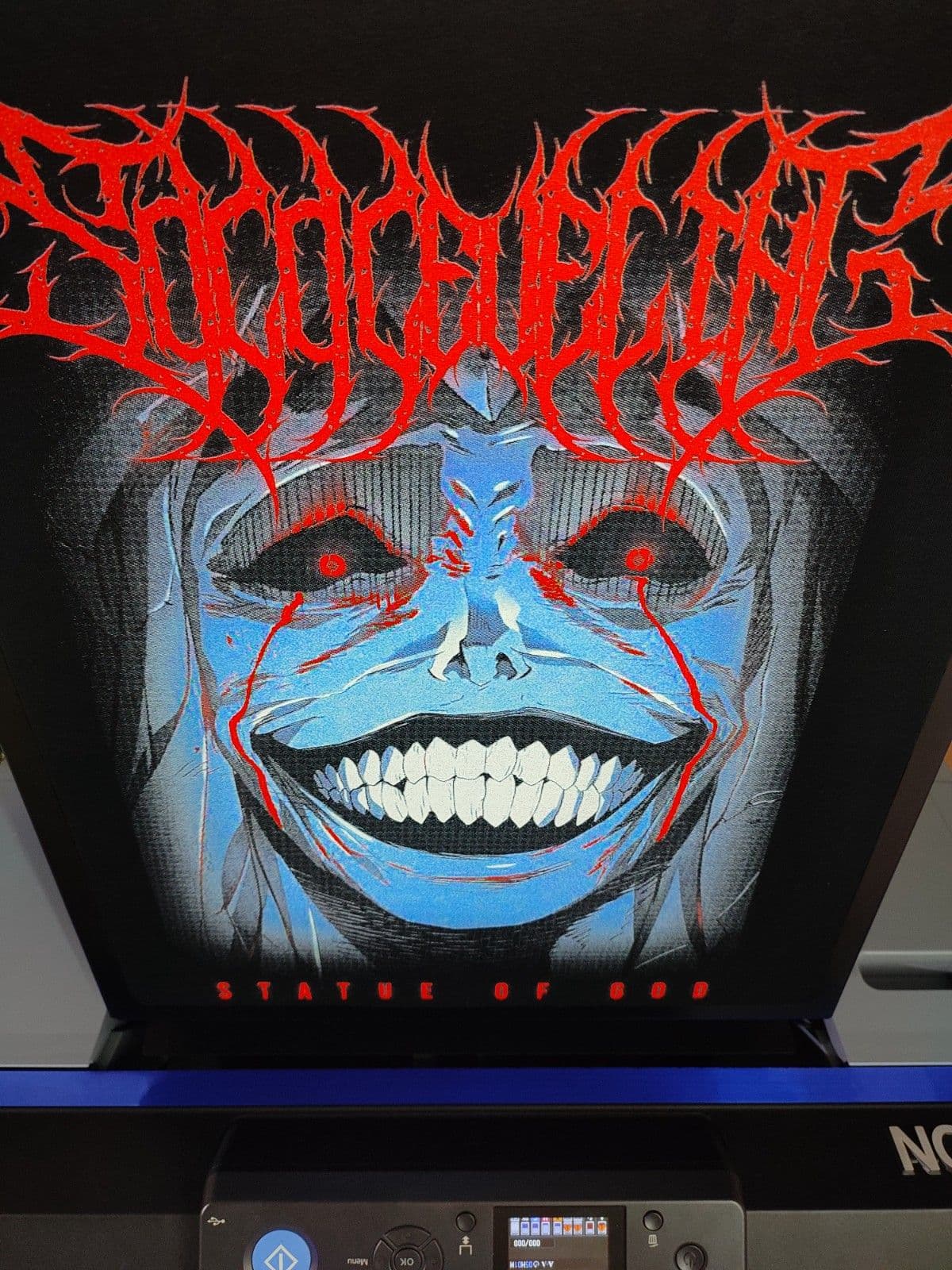 DTG printer head printing vibrant full-color design on cotton T-shirt